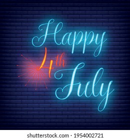 Happy celebration greeting card 4 th July, concept glow neon style font text Independence Day quote phrase vector illustration on black wall background.