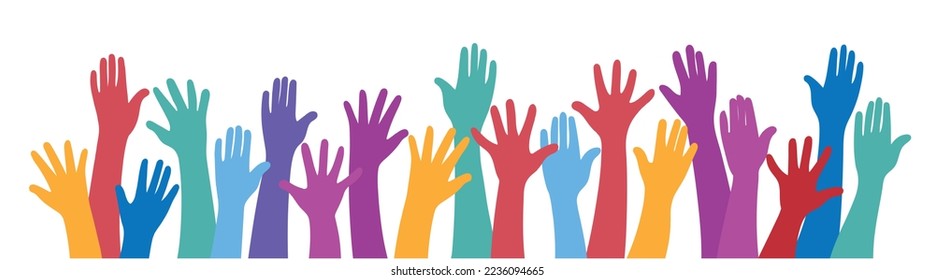 Happy celebration hands raised up. Concept of international volunteer community.