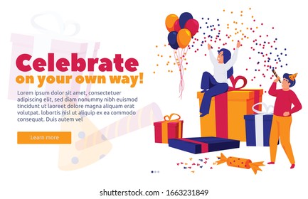 Celebración feliz fondo de la gente con clic aprender más texto de botón y personas con cajas de regalo ilustración de confetti vectorial