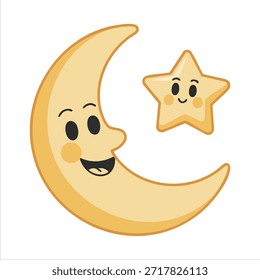 Rosto feliz da lua celeste com estrela noturna cintilante ilustração vetor isolado no fundo branco