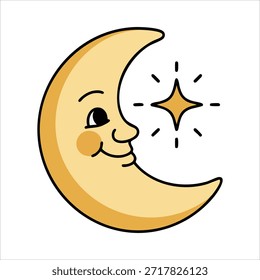 Rosto feliz da lua celeste com estrela noturna cintilante ilustração vetor isolado no fundo branco