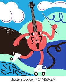 Happy cello with a bow rides on the rollers 
