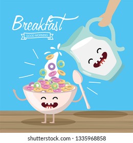 happy cereal with spoon and milk jar