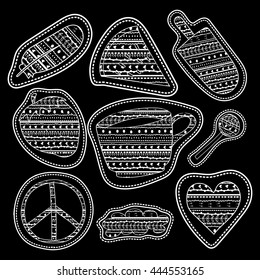 happy chalk board stickers and embroidery patches collection vintage style. Pin trendy label patch sticker coffee, feather, pacific, watermelon, strawberry, ice cream, lollipop, cloud, heart vector