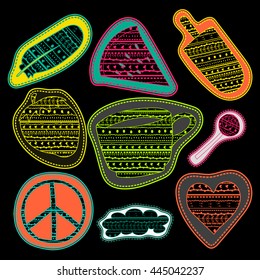 happy chalk board stickers and embroidery patches collection vintage style. Pin trendy label patch sticker coffee, feather, pacific, watermelon, strawberry, ice cream, lollipop, cloud, heart vector.