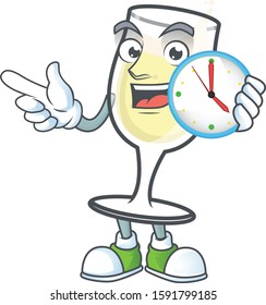 Happy champagne glass cartoon mascot style with clock