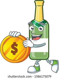 happy champagne green bottle cartoon character with gold coin