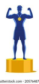 Happy champion with arms up, standing on golden stage. First place winner sportsman, with a gold medal. Success and winning concept vector illustration.