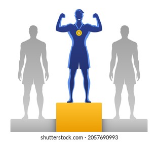 Happy champion man standing on first place winner pedestal with second and third place competitors. Success and winning concept vector illustration.