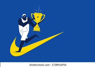 Happy champion runner with trophy.