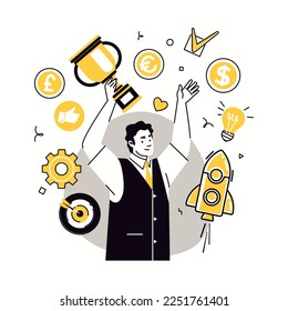 Happy champion, winner holding golden cup. Business Leadership. Vector character flat cartoon illustration.
