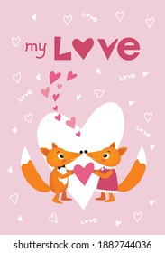 Happy chanterelles in love hold a big heart in their paws.Valentine's day card.Vector image.