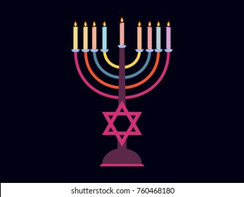 Happy Chanukah. Candlestick with nine candles of different colors. Six-pointed star. Vector illustration