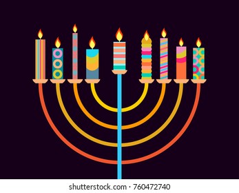 Happy Chanukah. Candlestick with nine candles of different colors. Vector illustration