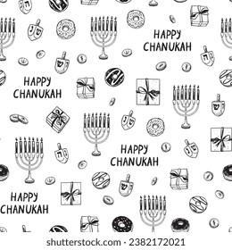 Happy Chanukah line vector seamless pattern.