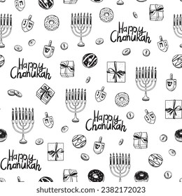 Happy Chanukah line vector seamless pattern.