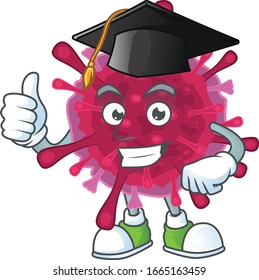 A happy character of amoeba coronaviruses in a black Graduation hat