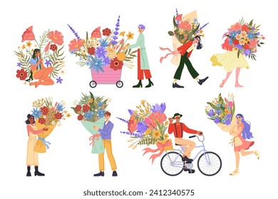 Personaje feliz con ramo. Hombres y mujeres sostienen racimos florales. Pareja enamorada. Citas románticas. Personas cargando flores en carreta. Entrega de bicicletas con flores. Plantas naturales. Juego de vectores de regalos en flor