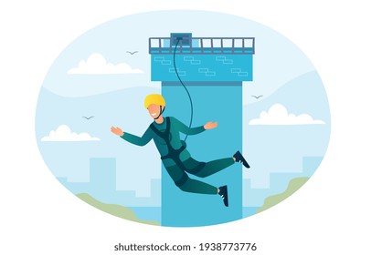 Happy character is bungee jumping from a tower. Young fearless man is enjoing jumping. Flat abstract metaphor outline vector illustration concept design. Simple art isolated on white background.
