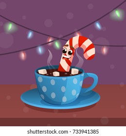 Happy character candy cane laying in cup with hot drink and marshmallow with Christmas lights on background. Concept of Christmas card. vector illustration. cartoon style.