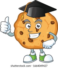 A happy character of chocolate chips cookies in a black Graduation hat