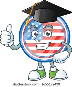 A happy character of circle badges USA in a black Graduation hat