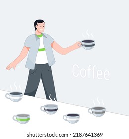 Fröhlicher Charakter mit einer Tasse Kaffee.
