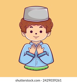 Personaje feliz Niño musulmán lindo rezar a dios ilustración vectorial de dibujos animados. ilustración de dibujos animados plana