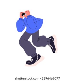 Happy character dances with music. Young people listening song in headphones. Guy hearing audio record in earphones, funny move, enjoy action. Flat isolated vector illustration on white background