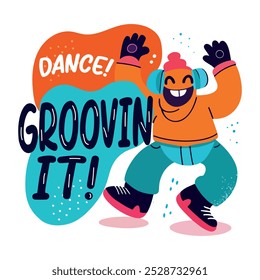 Un personaje feliz bailando, una pegatina de estilo plano