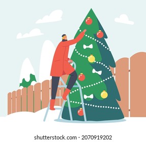 Happy Character Decorate Christmas Tree at House Yard. Young Woman Stand on Ladder Put Ball on Branches. Family Prepare for New Year or Christmas Party Celebration at Home. Cartoon Vector Illustration