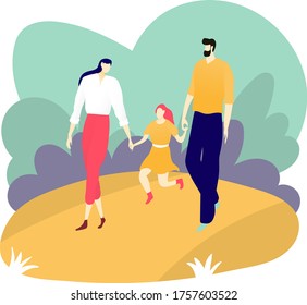 Happy character father mother and daughter together walk outdoor city park, kind people leisure urban garden isolated on white, flat vector illustration. Family stroll male female people.