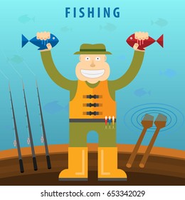 Happy character fisherman stands in a boat and holds a fish that he caught in his hands vector illustration flat
