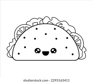 Happy character food taco. Mexican fast food coloring page. spicy ingredients. Vector illustration. 