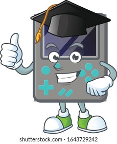 Un personaje feliz de la consola de juego en un sombrero negro de graduación