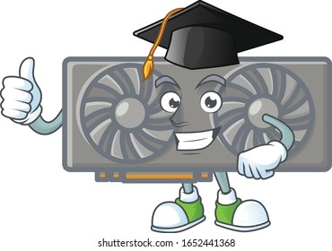A happy character of gaming VGA card in a black Graduation hat