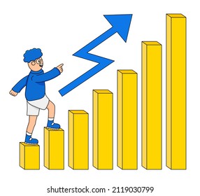 Happy character goes up steps of graph. Cartoon style, career growth and financial heights