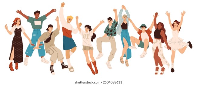 Happy character group. Active, positive person jumping. Women and men in modern contemporary clothes celebrate. Energy excited crowd, winner boy and girl cartoon flat team vector isolated illustration