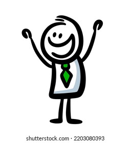 Happy character hand drawn illustration. Vector art line sketch with man hands up.