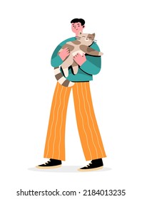 Happy Character Holding And Hugging A Cat. Concept Of Love And Care. Cat Day. Full Length Male Character With A Pet. Flat Hand Drawn Cartoon Vector Illustration