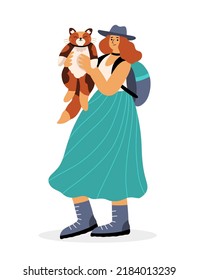 Happy character holding and hugging a cat. Concept of love and care. Cat day. Full length female character with a pet. Flat hand drawn cartoon vector illustration