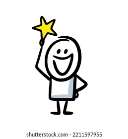 Happy character holding a star in his hand. Vector illustration of lucky man hand drawn in doodle sketch style.