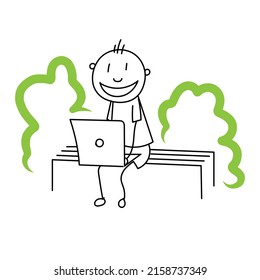 A happy character with a laptop sits on a park bench. The person works remotely.	