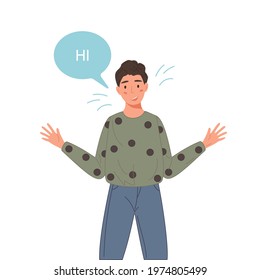 Happy character man say hi in cartoon style. Portrait of boy waving with hands and saying hello. Vector illustration