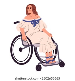 Happy character with physical disability. Disabled person with positive emotion. Woman sits in a wheelchair. Paralyzed girl in dress walks with wheel chair. Flat isolated vector illustration on white