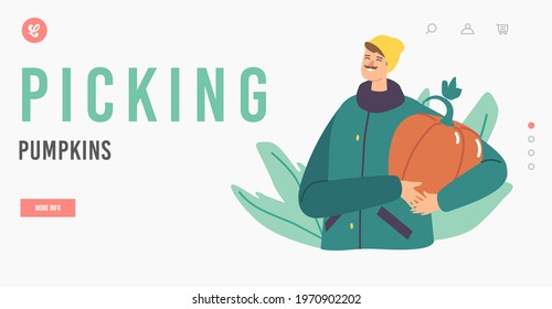 Happy Character Picking Pumpkins at Garden Landing Page Template. Man Holding Huge Ripe Plant in Hands, Harvesting Fall Harvest for Thanksgiving Holiday Celebration. Cartoon Vector Illustration