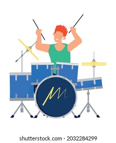 Happy character playing drums at rock concert flat vector illustration