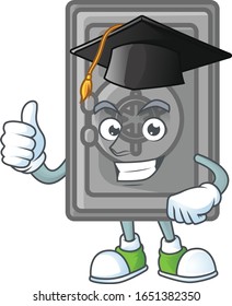 A happy character of security box closed in a black Graduation hat