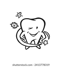happy character tooth protected from bacteria, oral hygiene, outline vector