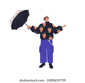 Happy character with umbrella in hand. Smiling delighted man enjoying rain, rainy day, wet weather. Carefree person standing under raindrops. Flat vector illustration isolated on white background